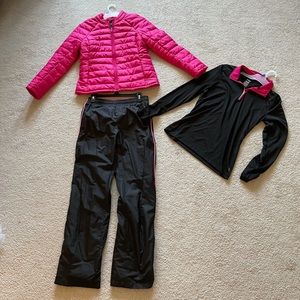 Pink jacket is a faded glory M 8-10 pants & black jacket is Danskin size S 4-6